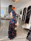 Vestido Longo Manga Longa com Recortes Laterais Estampado em Chiffon