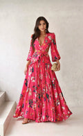 Vestido Longo Manga Longa com Recortes Laterais Estampado em Chiffon