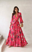 Vestido Longo Manga Longa com Recortes Laterais Estampado em Chiffon